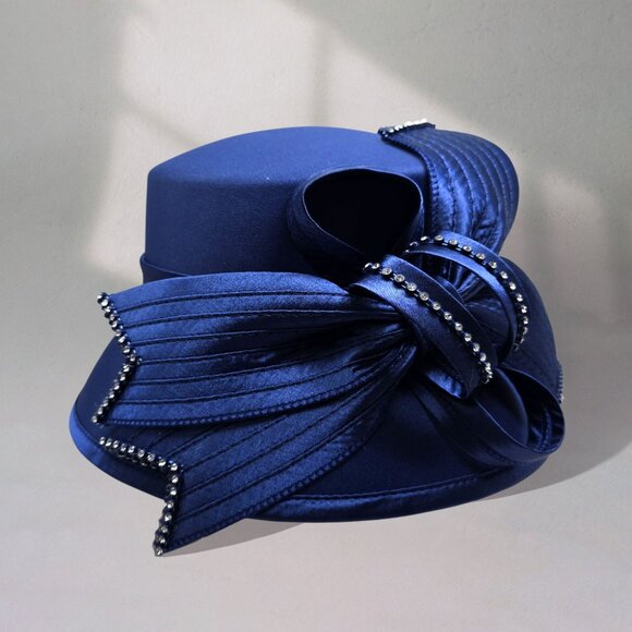 Navy Satin Church Hat w/ Rhinestone Bow